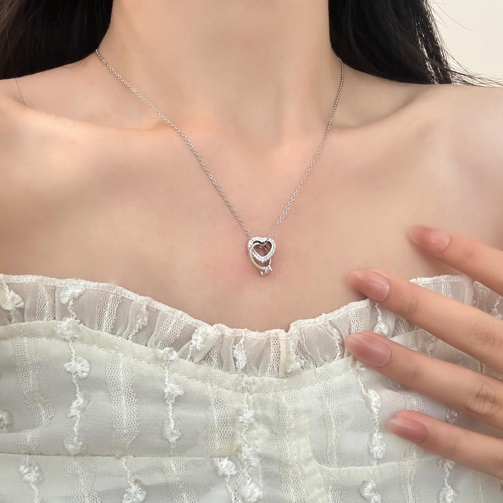 抖音S925银项链女百搭心形双环韩版INS气质小众设计感锁骨链