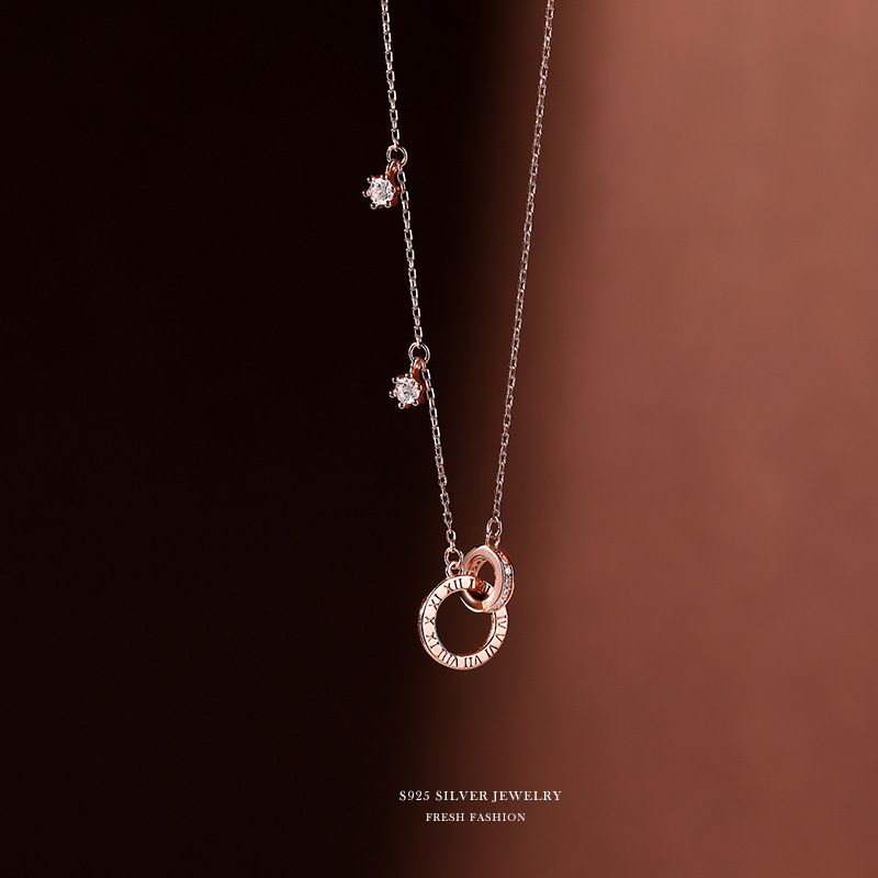 s925纯银双环项链女韩版小众设计简约轻奢潮流饰品微镶双圈锁骨链