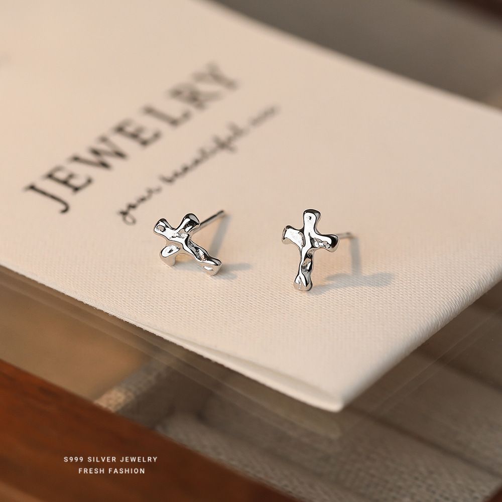 韩版潮流个性十字架耳钉女s999纯银百搭冷淡风时尚足银耳饰代发