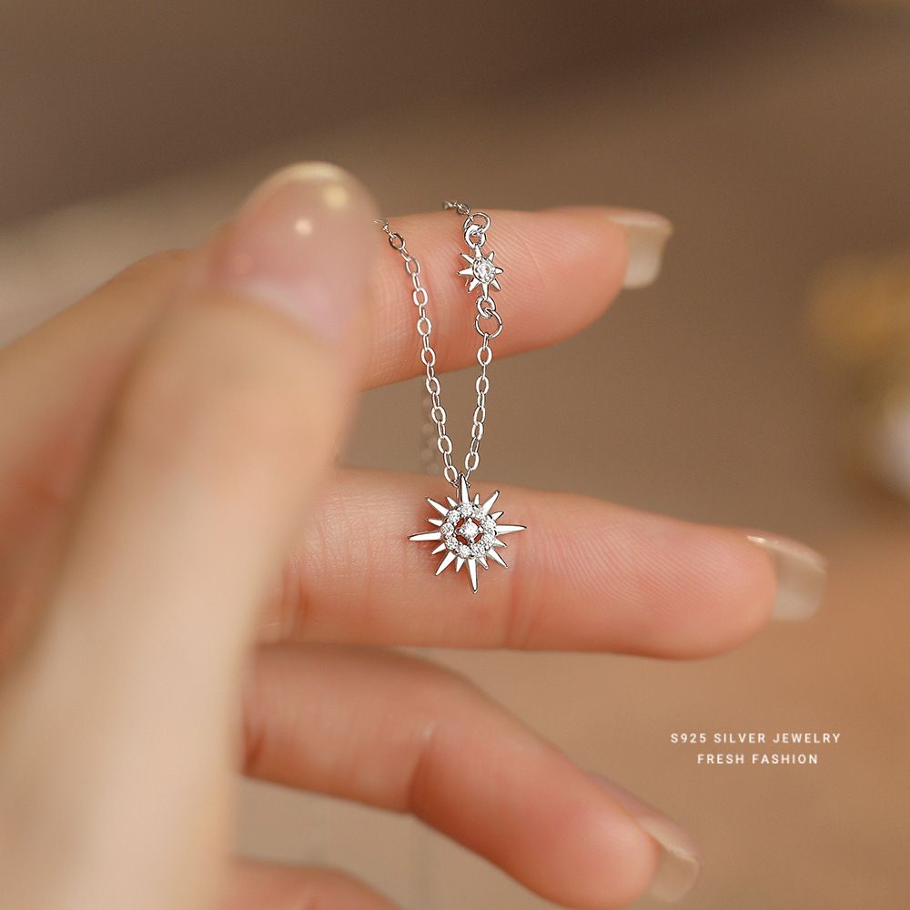 S925纯银星芒太阳花吊坠项链女微镶潮流ins小众设计感简约锁骨链