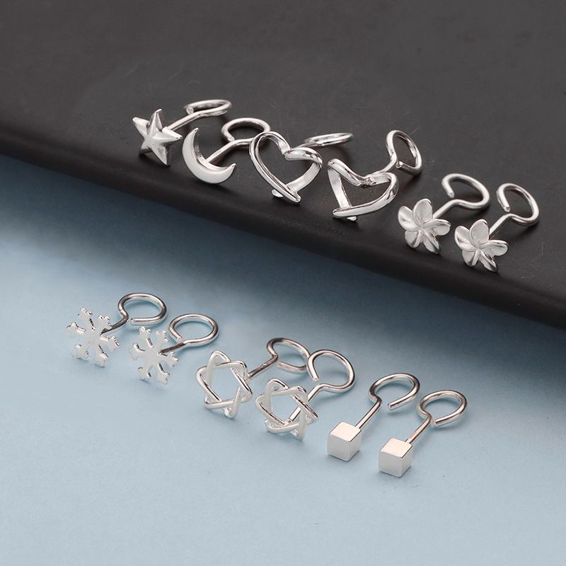 S999纯银简约耳钉女韩版小花星月雪花养耳洞弯钩耳环睡觉免摘耳饰