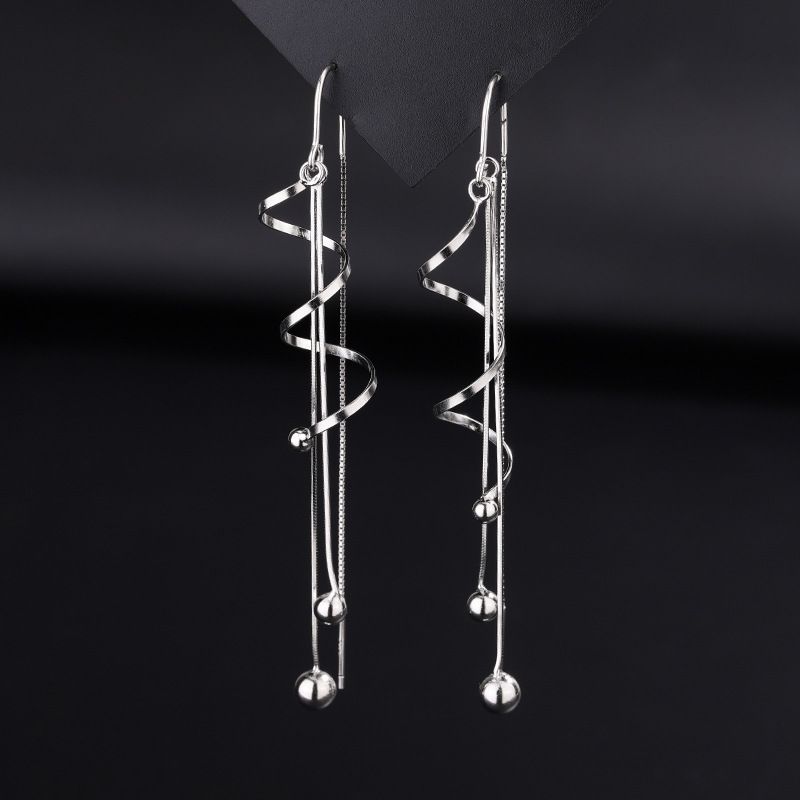 S925纯银波浪圆珠流苏长款耳线女轻奢时尚高级螺旋纹热销耳饰