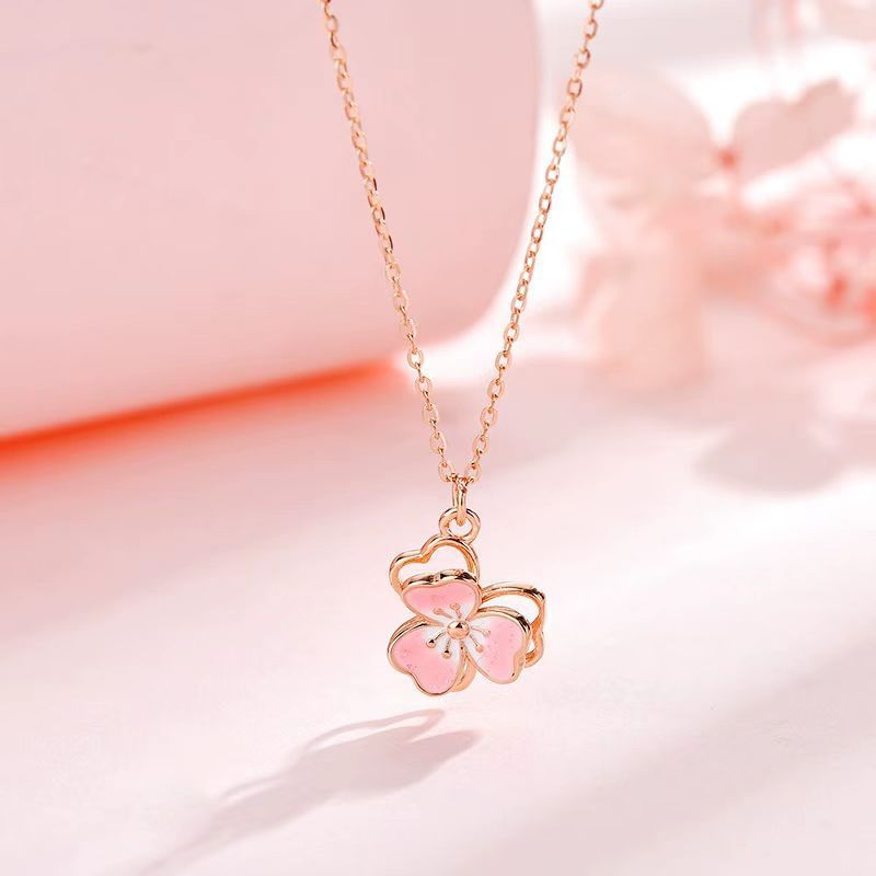 S925纯银樱花之恋项链女韩版轻奢感气质滴胶桃花吊坠锁骨链
