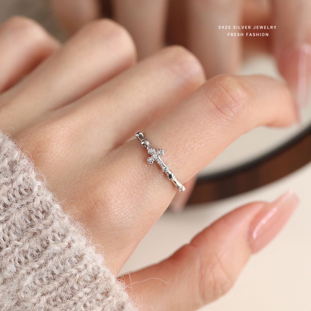 韩式潮流微镶锆石十字架戒指s925纯银男女通用百搭食指戒轻奢指环