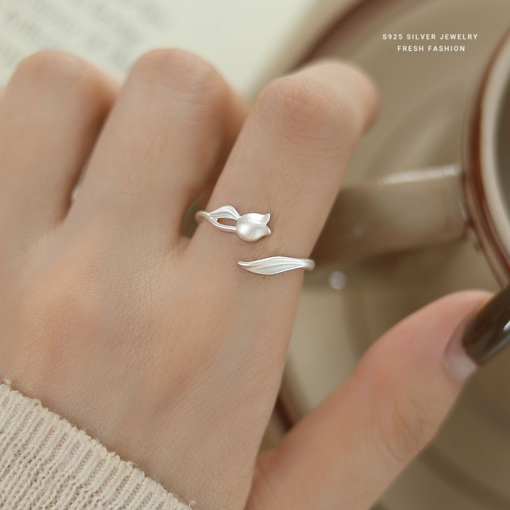 森系田园风哑光郁金香戒指女s925纯银韩版时尚花朵指环百搭食指戒
