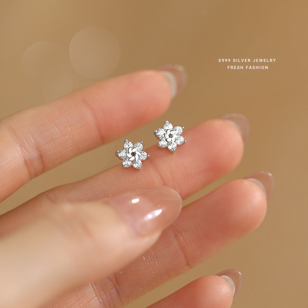 韩版轻奢雪花耳钉女s999纯银百搭高级感超闪锆石足银花朵耳饰