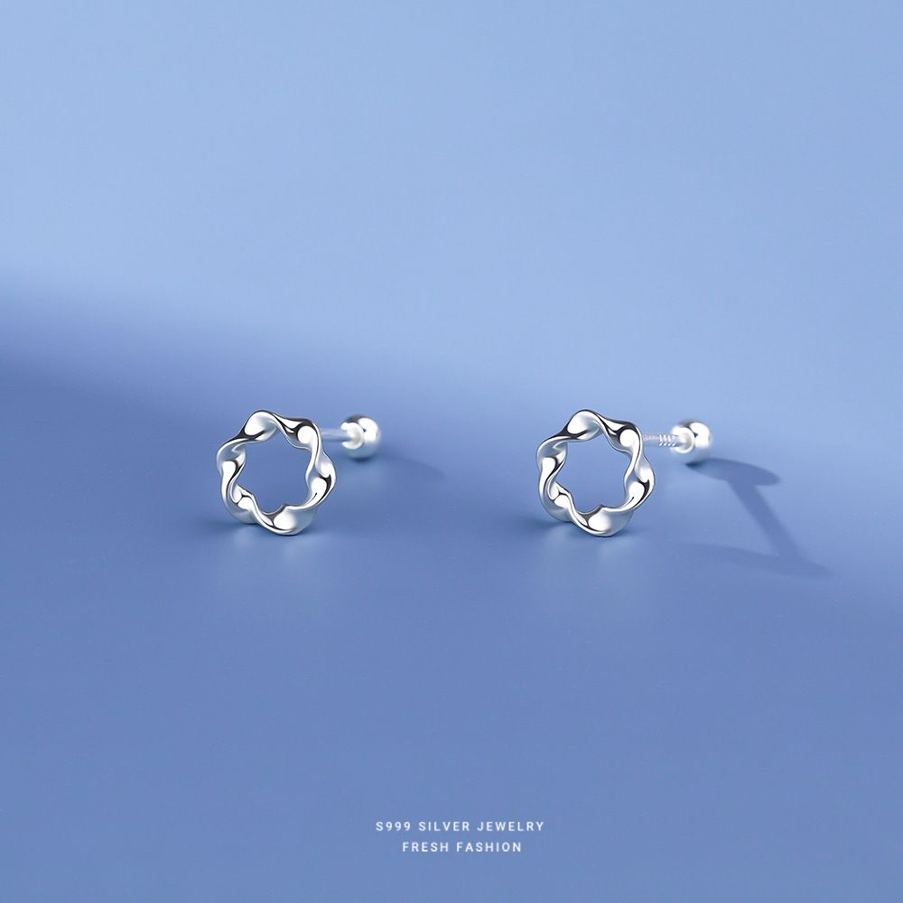 云小舒s999纯银耳钉女韩版简约通勤圆形麻花拧螺丝足银耳饰