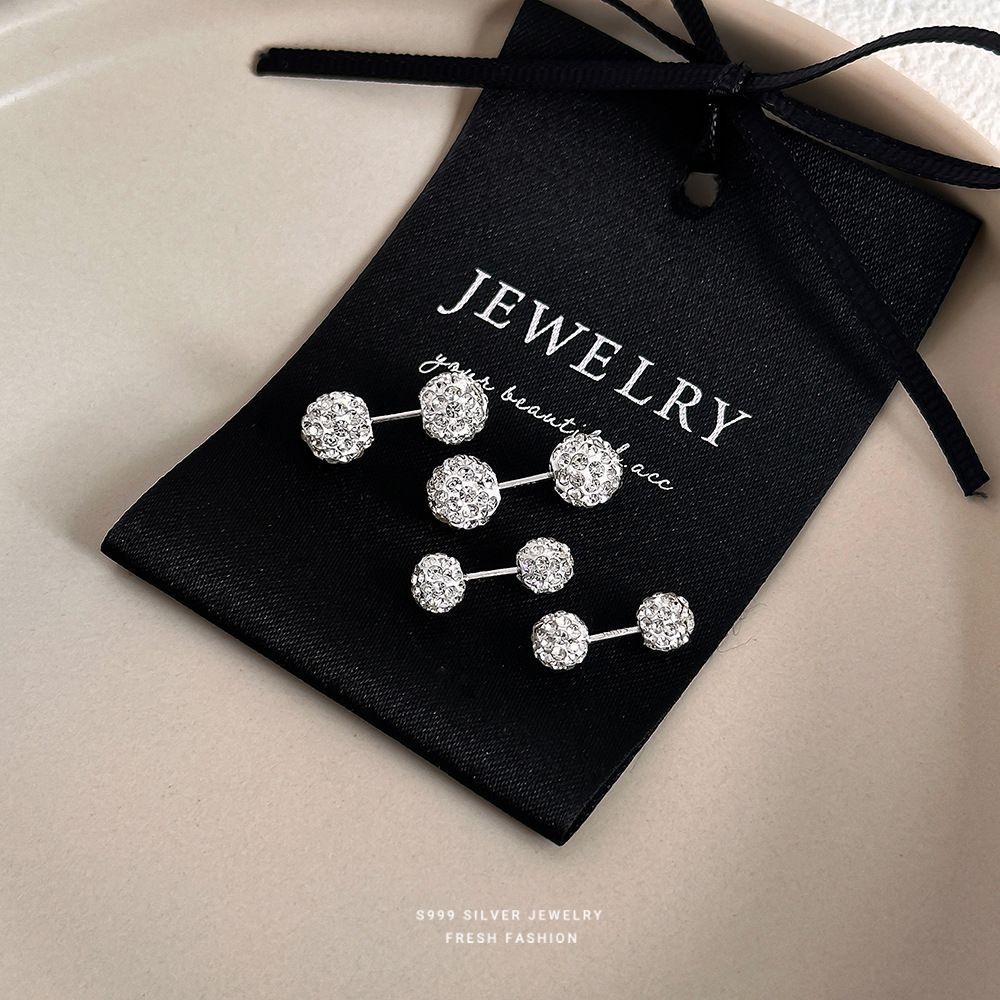 超闪圆球锆石耳钉女s999纯银百搭高级感轻奢足银不对称拧螺丝耳饰