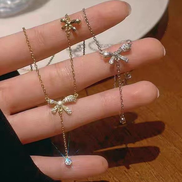 S925纯银蝴蝶结项链女流苏轻奢小众锁骨链高级感吊坠饰品代发