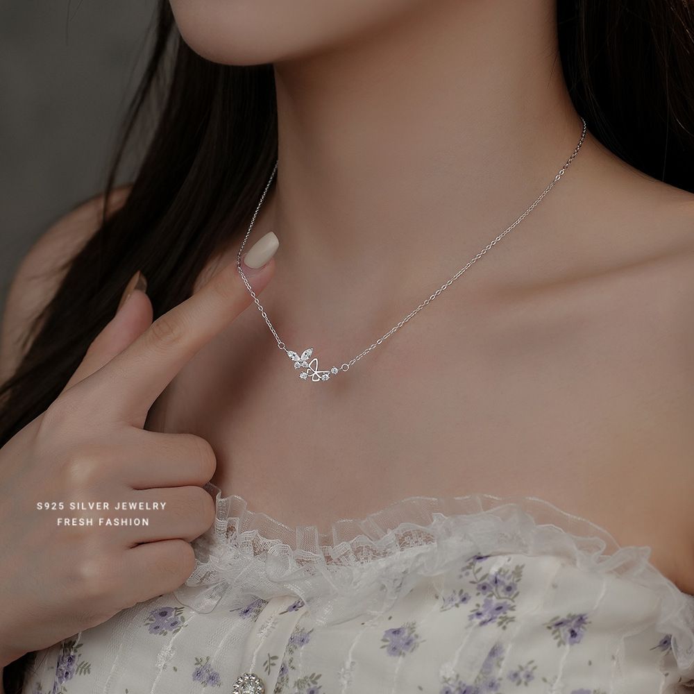 s925纯银双蝴蝶项链女时尚轻奢设计镶嵌锆石高级感锁骨链礼物