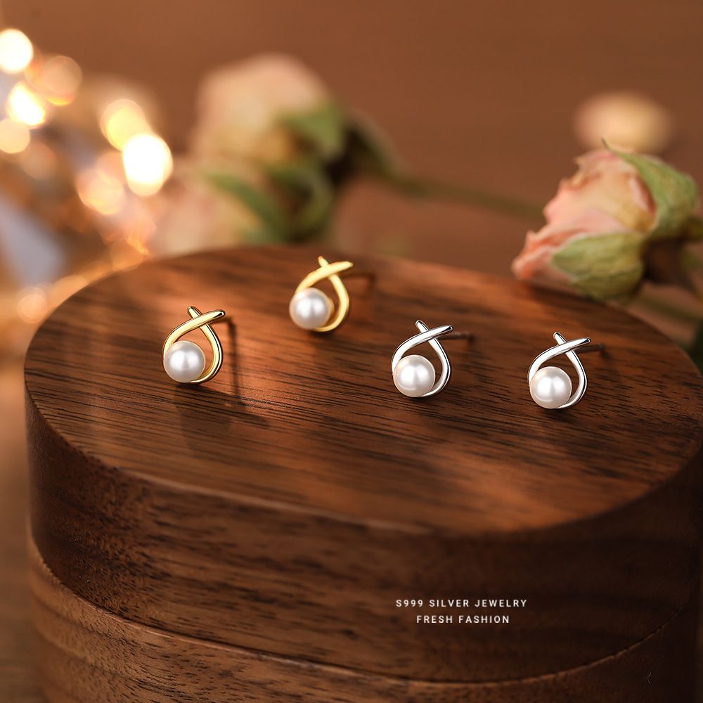 线条水滴形圆珠耳钉女s999纯银经典轻奢交叉足银耳饰百搭首饰代发