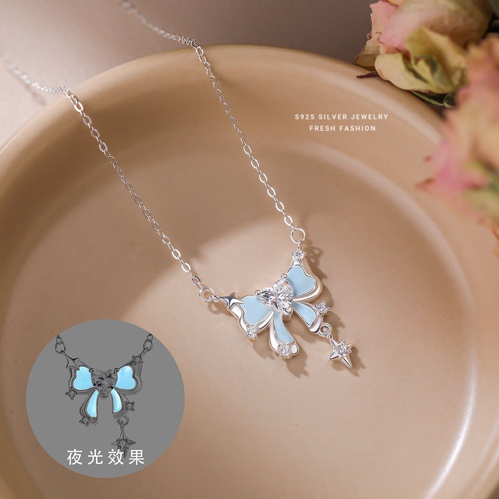 直播爆款夜光蝴蝶项链女S925纯银滴胶荧光小清新个性锁骨链夏秋季