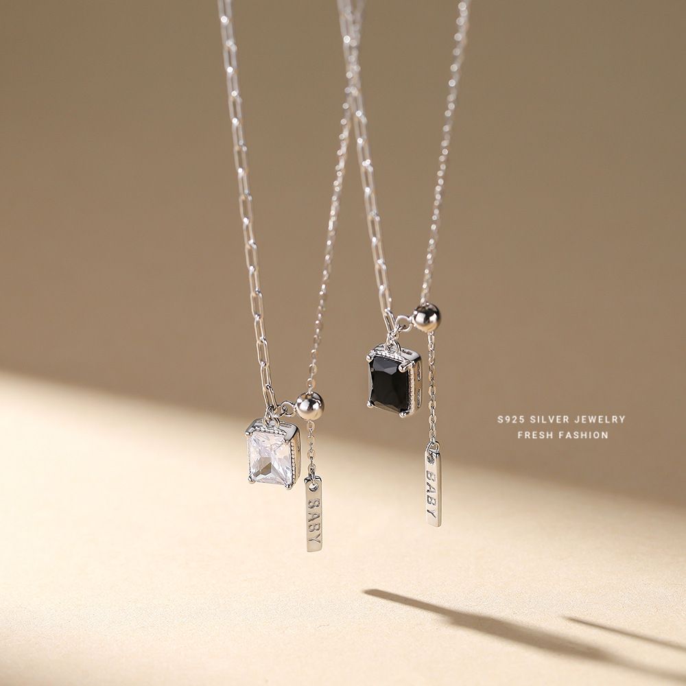 s925纯银方钻流苏项链女轻奢轻奢感性感气质冷淡风锁骨链