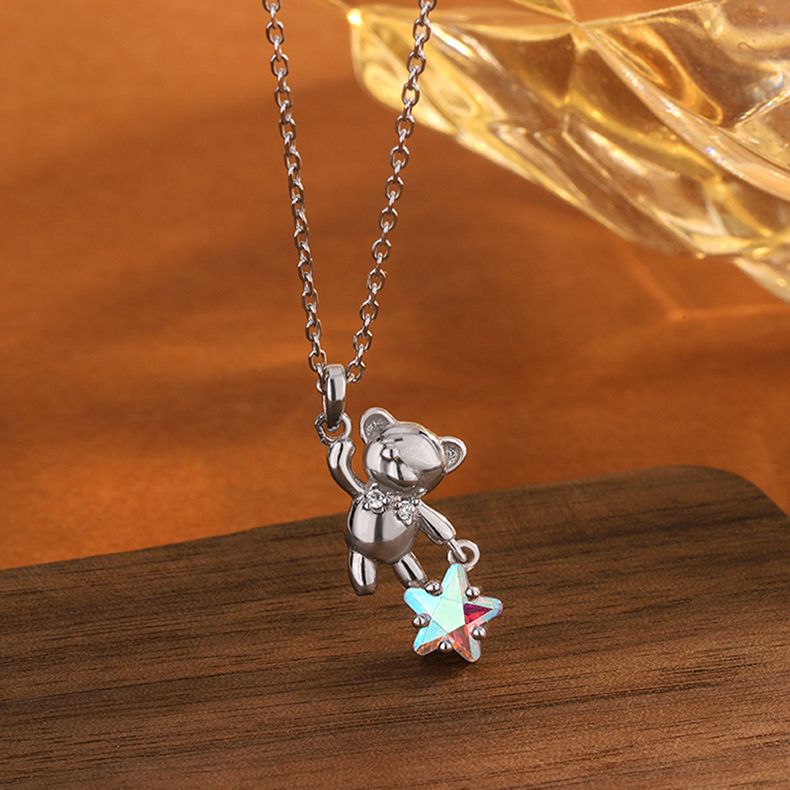 s999纯银摘星小熊项链韩版个性气质幻彩星星轻奢小众高级感锁骨链