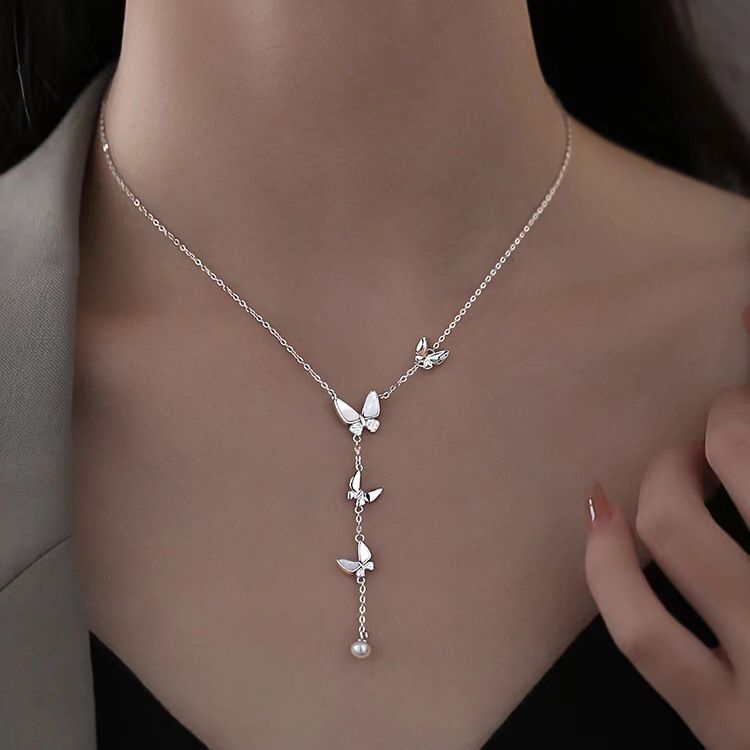 S990银贝壳蝴蝶项链女轻奢设计感气质珍珠吊坠颈链2025新款锁骨链