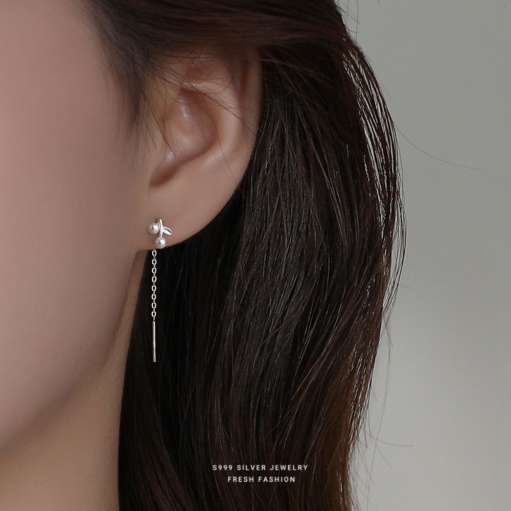 圆珠樱桃流苏耳线女s999纯银韩版森系水果足银耳钉小众设计感耳饰