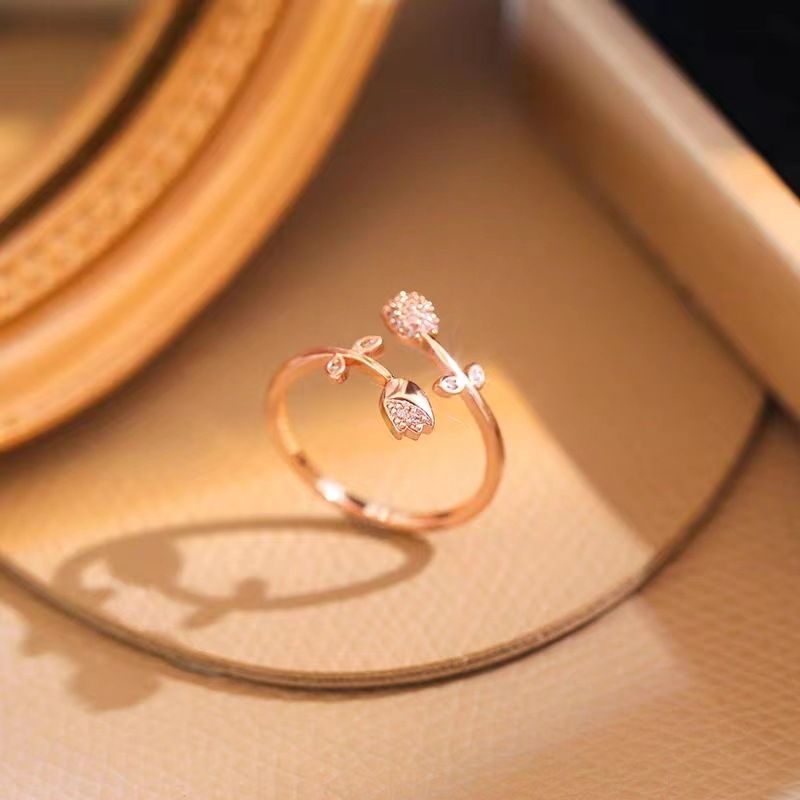 S925纯银郁金香微镶锆石戒指女小众高级日韩开口可调节气质指环