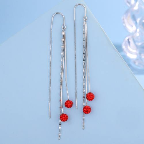 S925纯银红色香巴拉满钻圆珠流苏耳线韩版轻奢感超仙长款耳环