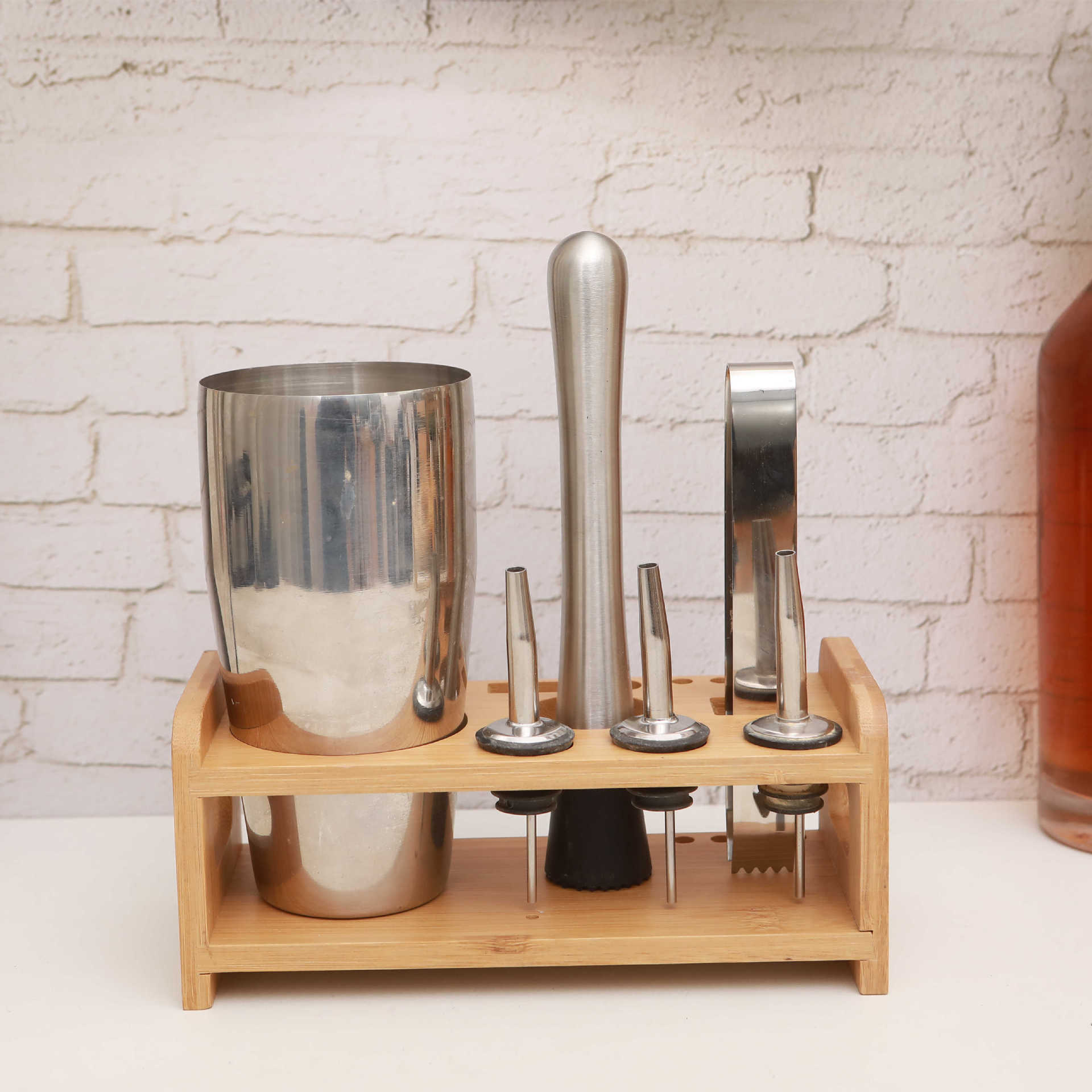 竹木调酒器收纳架酒吧鸡尾酒调酒架子工具收纳架调酒器具摆放架图片