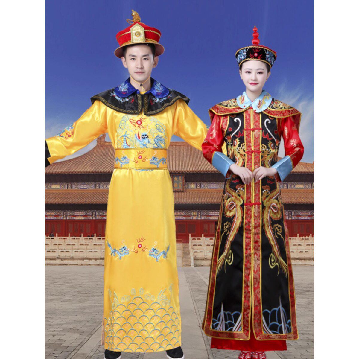 出租清朝皇帝皇后龙袍成人男女扮演服古装宫廷凤袍演出表演服租赁