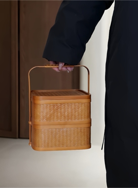 吕氏竹匠手工竹编方形茶篮双层收纳筐三层提篮野餐篮茶道家居摆件
