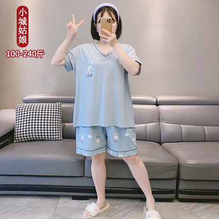 卡通休闲兔子V领大码睡衣女200斤夏季纯棉短袖短裤胖mm家居服套装