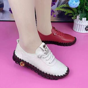 真皮2025新款平底单鞋春季新款防滑妈妈鞋手缝百搭休士牛筋软底鞋