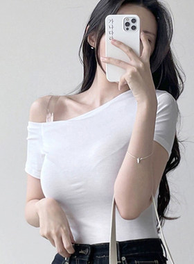 港风辣妹性感纯欲轻熟御姐女装新品斜肩舒适显身材紧身短袖T恤