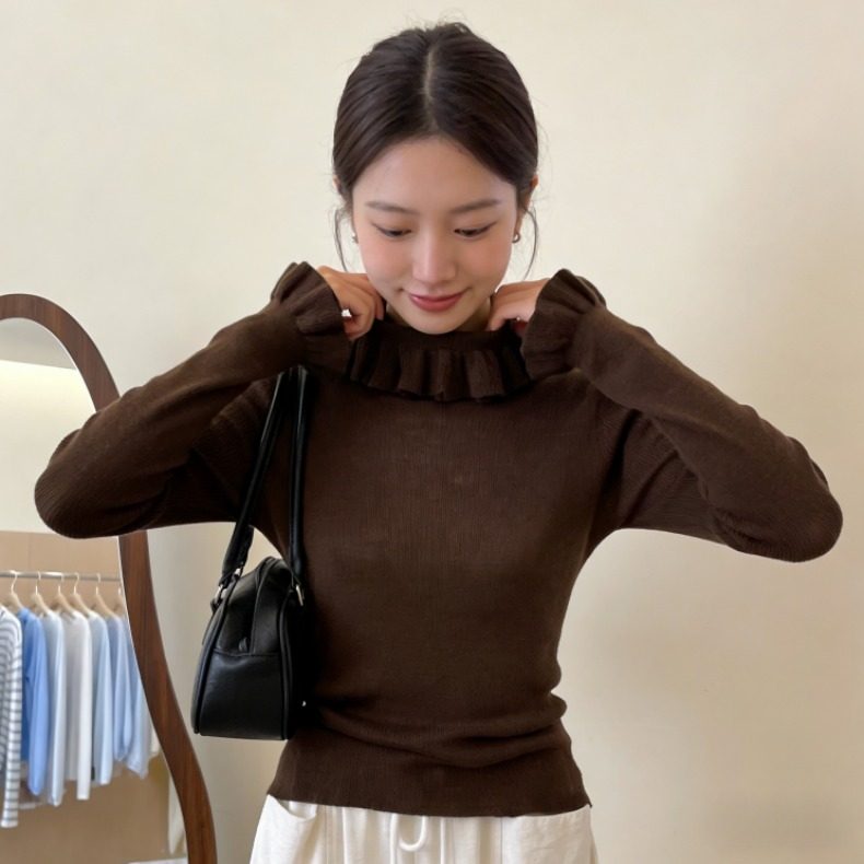 2025秋冬新款洋气百搭木耳边打底衫立领女薄款内搭毛衣长袖针织衫