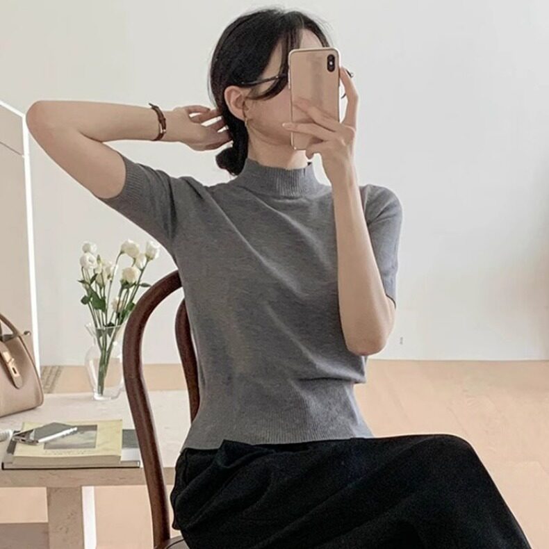 韩国东大门新款温柔韩系半高领气质百搭显瘦套头短袖针织衫女上衣