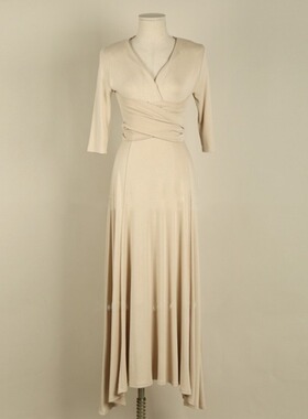 韩国东大门时尚舒适女装潮港风性感交叉V领绑带收腰长款连衣裙ik