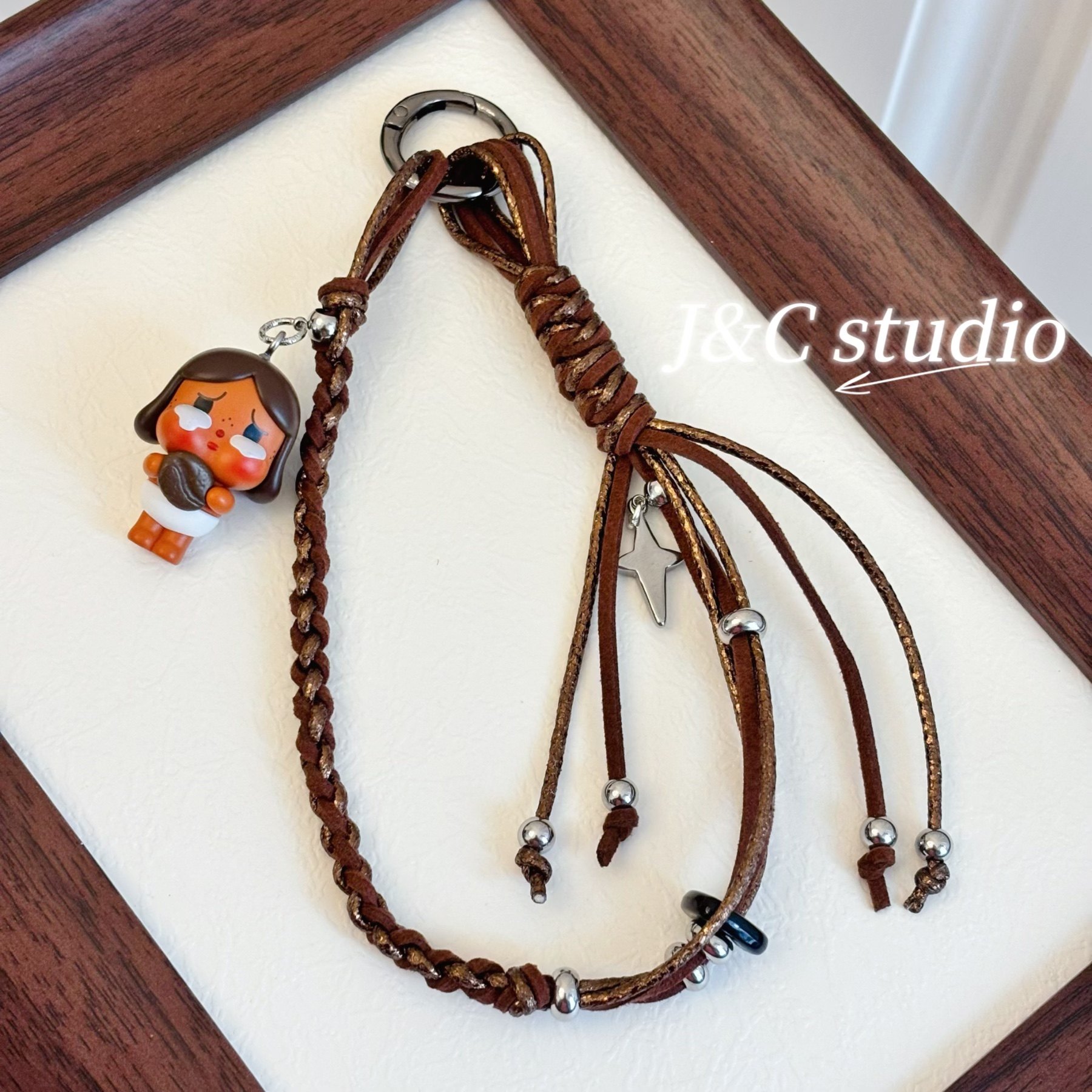 正版咖啡豆哭娃萌粒手机链韩系ins皮绳原创手工编织挂绳包包挂件