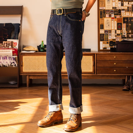 红风 修身直筒牛仔裤男重磅511拉链版阿美咔叽原色赤耳丹宁长裤