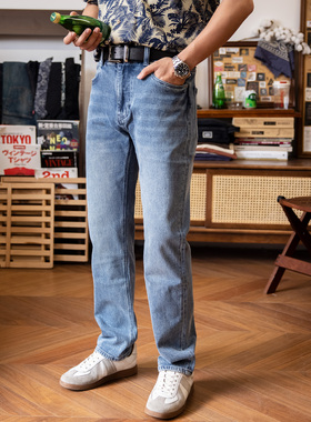 红风 复古水洗牛仔裤男夏季薄款浅蓝色阿美咔叽美式直筒牛仔长裤