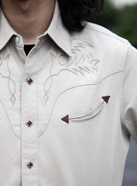 红风 1940S宝石扣西部刺绣音乐家衬衫男长袖秋冬复古休闲工装衬衣