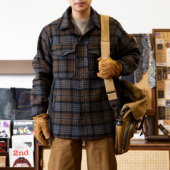 复古格子夹克外套男秋冬重磅阿美咔叽休闲工装 红风 美式 外套百搭