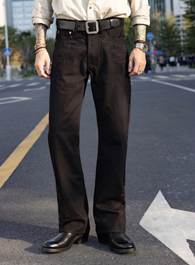 红风 西部刺绣靴裤BOOTCUT喇叭裤美式复古黑色牛仔靴裤微喇牛仔裤