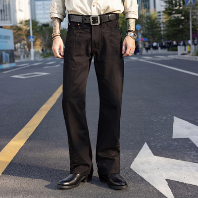 红风 西部刺绣靴裤BOOTCUT喇叭裤美式复古黑色牛仔靴裤微喇牛仔裤
