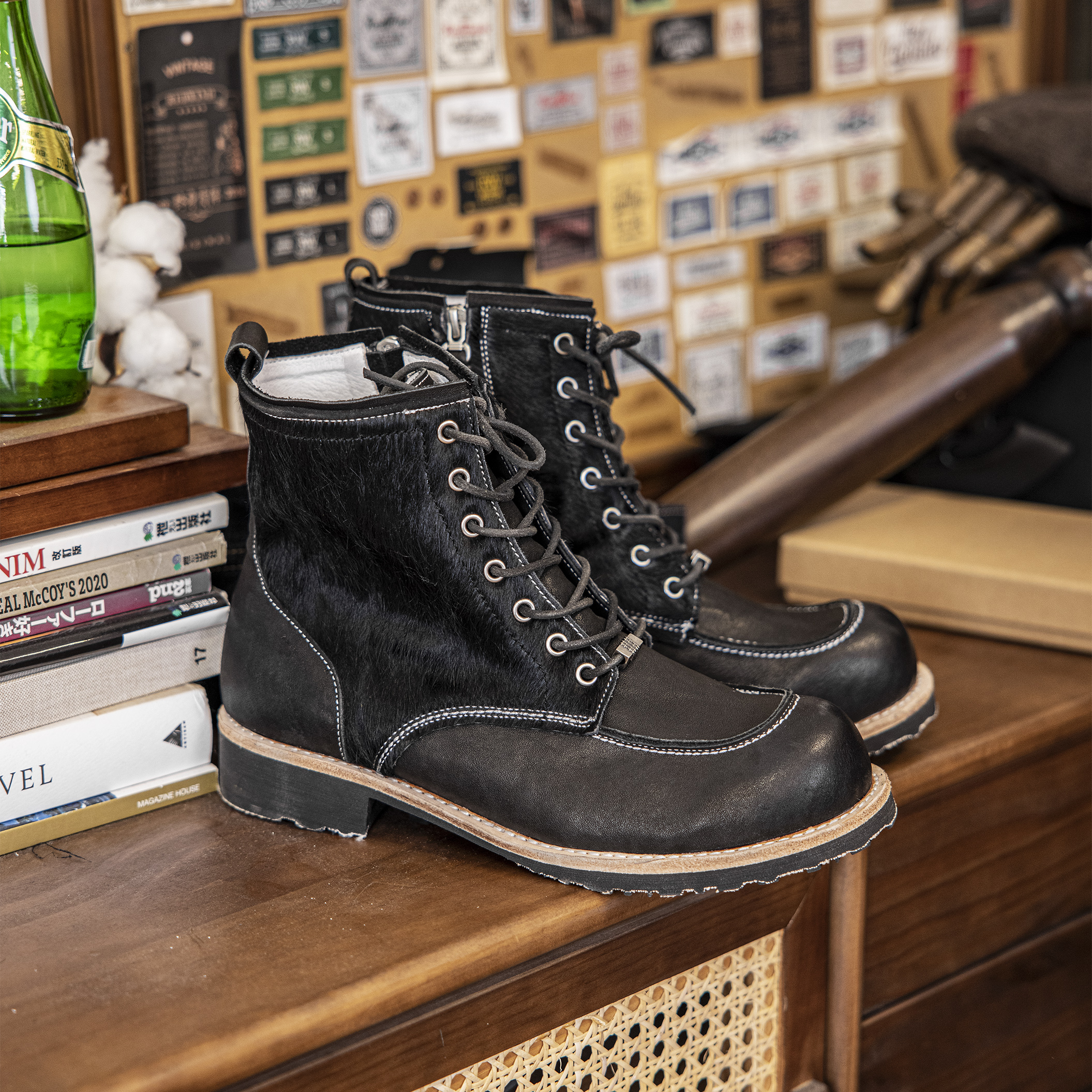 红风复古&编界Rewrite 6寸油井工装靴马毛拼接牛皮复古男靴马丁靴