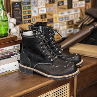 红风复古&编界Rewrite 6寸油井工装靴马毛拼接牛皮复古男靴马丁靴