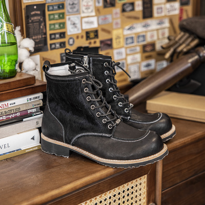 红风复古&编界Rewrite 6寸油井工装靴马毛拼接牛皮复古男靴马丁靴