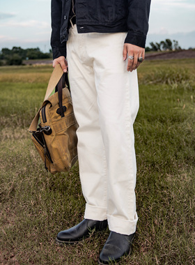 红风 牛仔裤宽松直筒男阿美咔叽赤耳丹宁美式白色牛仔裤55501长裤