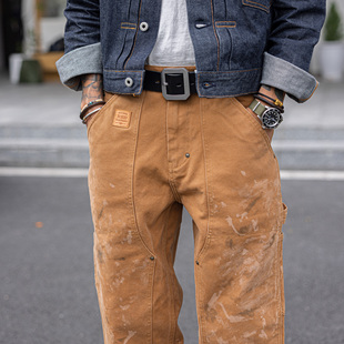 水洗做旧B01油漆工帆布工装 双膝伐木裤 裤 直筒矿工裤 美式 红风