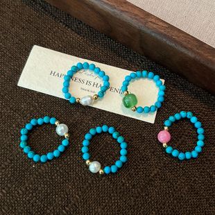 天然绿松石戒指女小米珠指环冷淡风简约百搭个性淡水珍珠单指戒