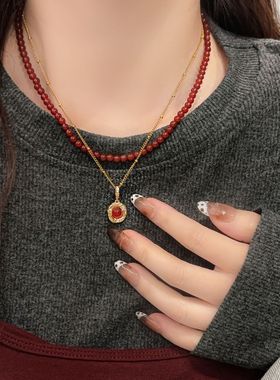 复古红玛瑙双层锁骨链女秋冬