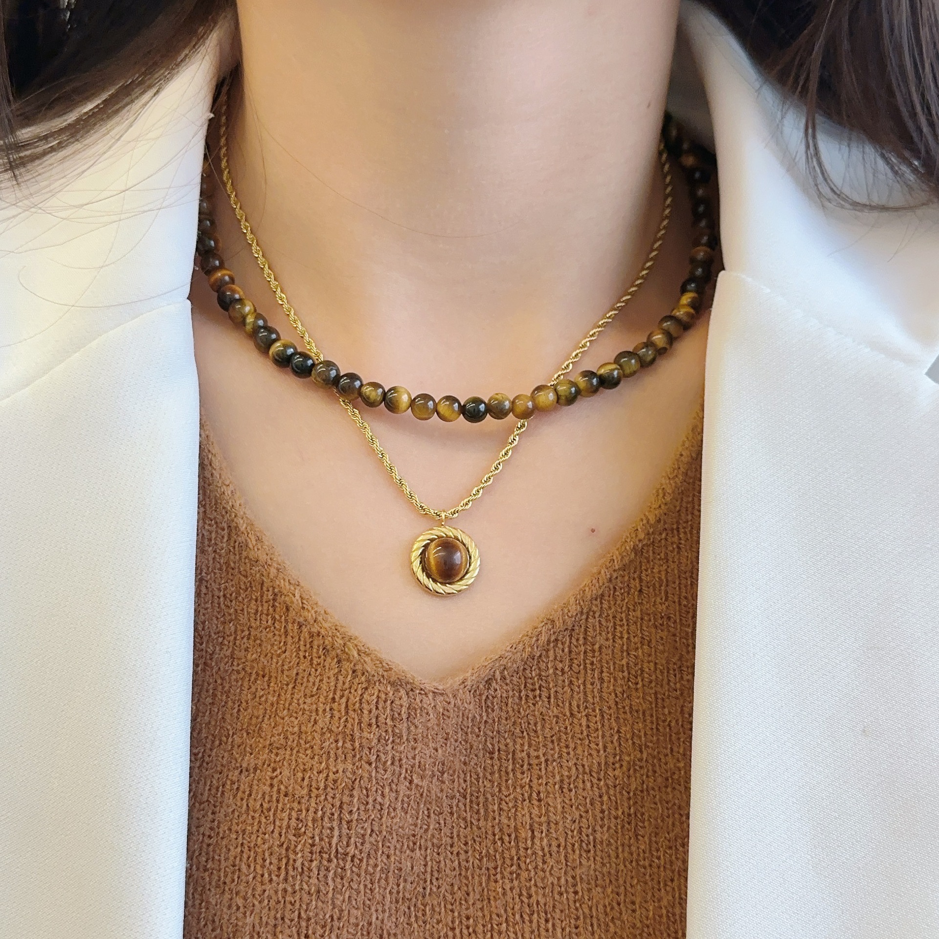 美拉德风法式高级复古天然虎眼石项链女串珠毛衣链长款锁骨链颈链