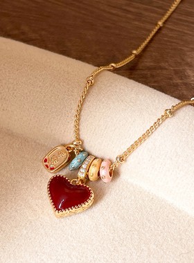 滴油红色双面爱心复古简约锁骨链