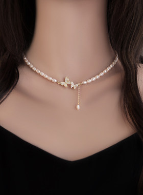 淡水珍珠微镶锆石蝴蝶锁骨链