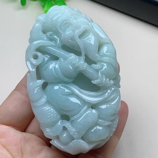 缅甸A货翡翠渔翁得利手把件 姜太公钓鱼玉石书桌精品摆件鉴定孤品