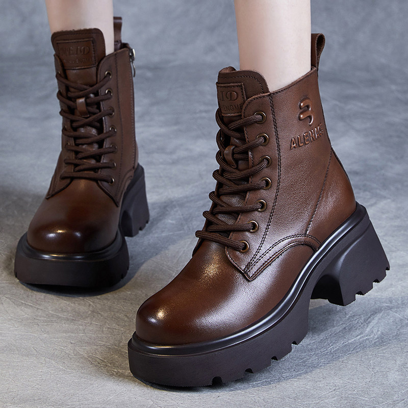 头层牛皮女鞋英伦风真皮马丁靴女秋冬加绒保暖侧拉链厚底棕色短靴